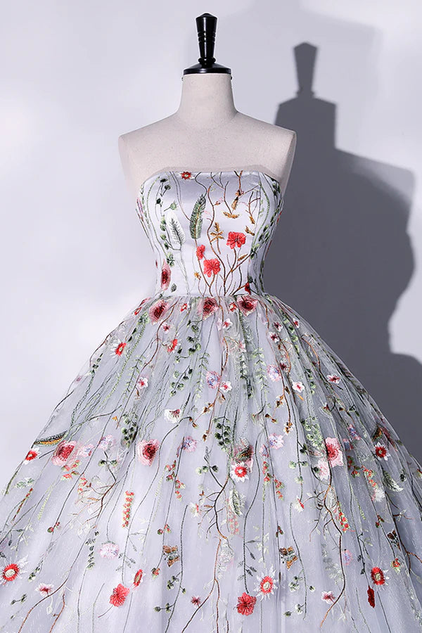 Wholesale Gray Strapless Floral Tulle Long Prom Dress Cute A-Line Evening Party Dress